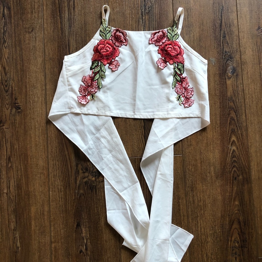 Embroidered Rose Crop Top (Red & White)